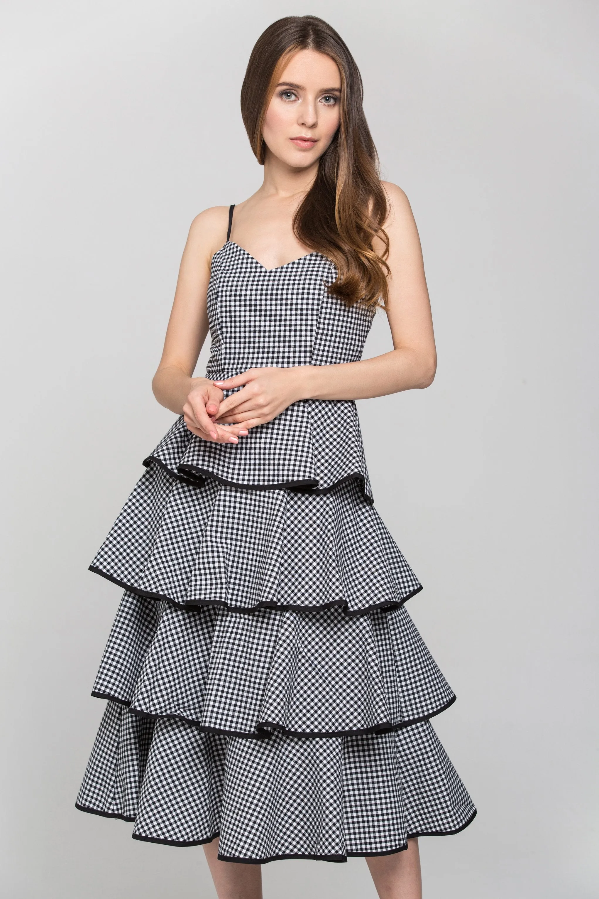 Black Gingham Tiered Skirt Midi Dress