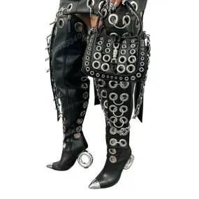 Black Metal Round Rings Over the Knee Boots