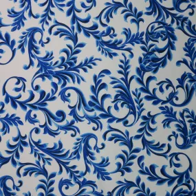 Blue Damask on White Printed Polyester Mikado Fabric