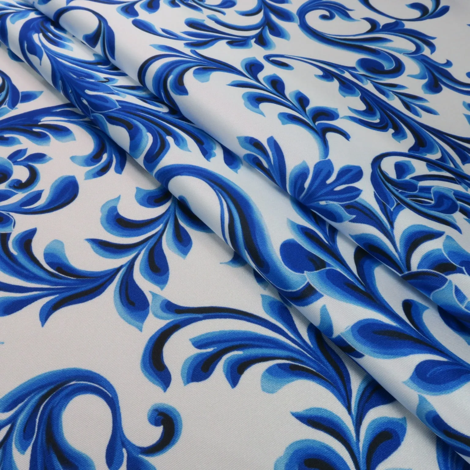 Blue Damask on White Printed Polyester Mikado Fabric