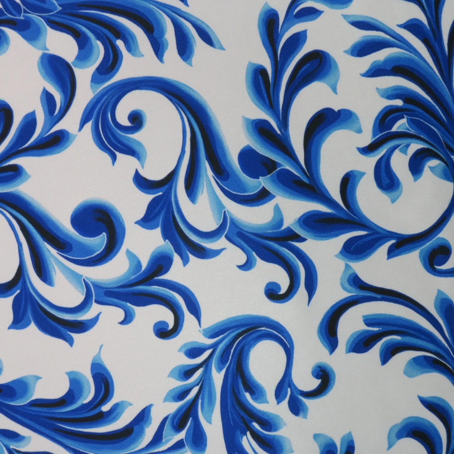 Blue Damask on White Printed Polyester Mikado Fabric