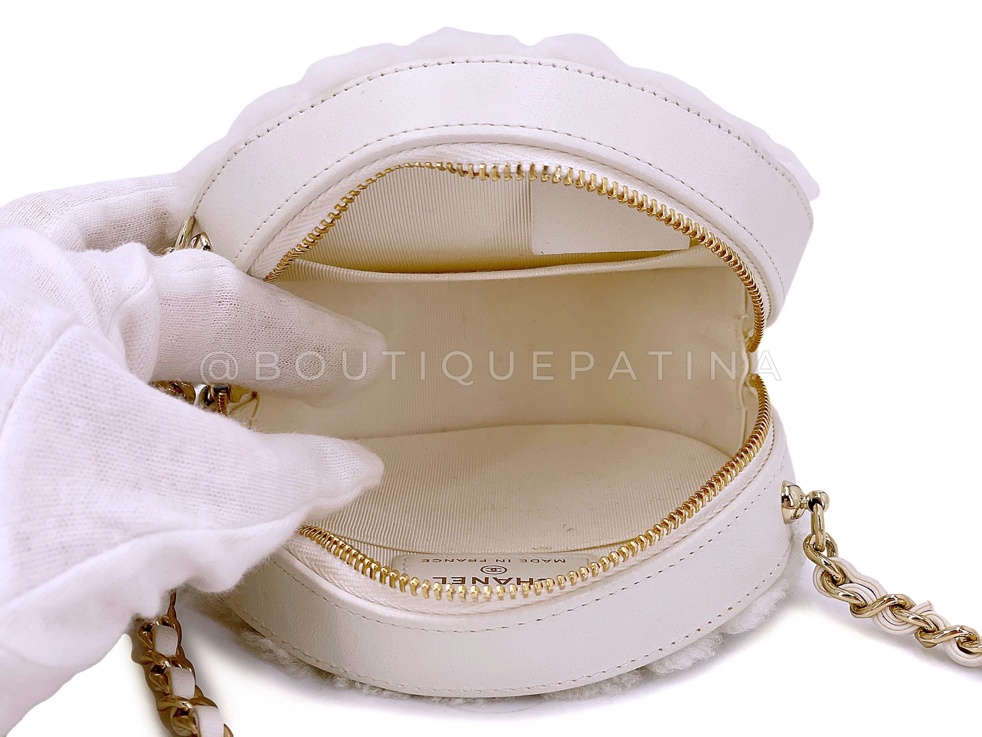 Chanel 2019 White Shearling Chevron Fur Mini Round Drum Bag GHW 6RF