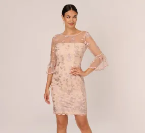 Floral Embroidered Sheath Dress With Scalloped Detail In Champagne Multi