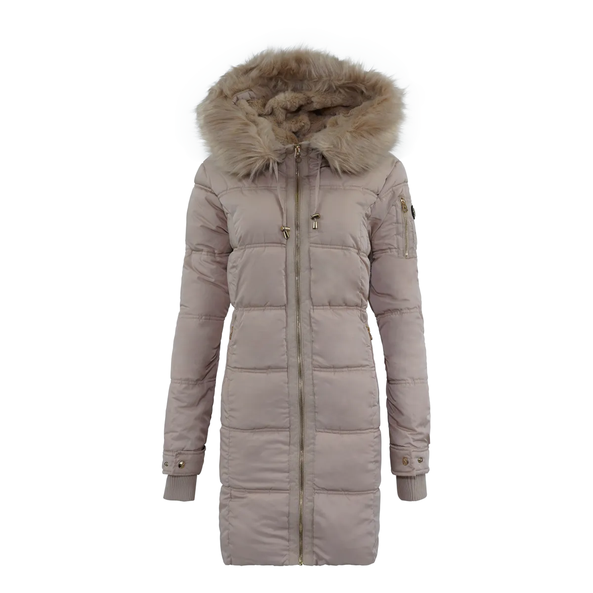 Jessica Simpson Women's Fur Trimmed Sherpa Lined Quilted Puffer Jacket Champagne S