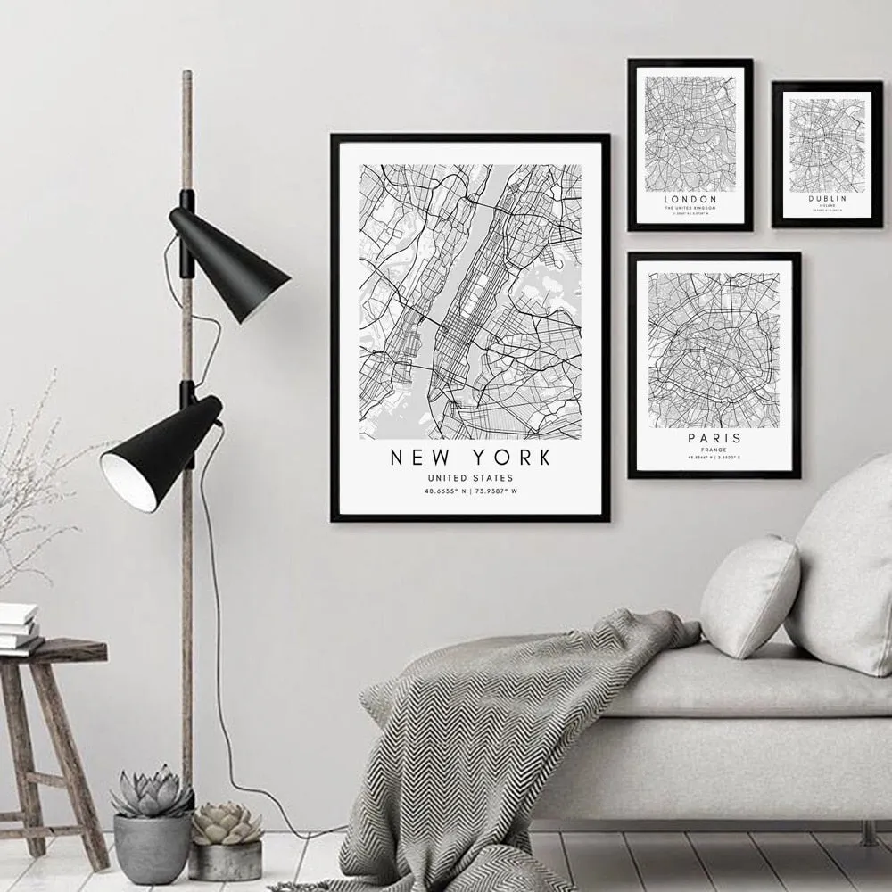 London Paris New York City Map Wall Art Fine Art Canvas Print CUSTOM City Map Picture Minimalist Black White Nordic Style Home Office Interior Decor