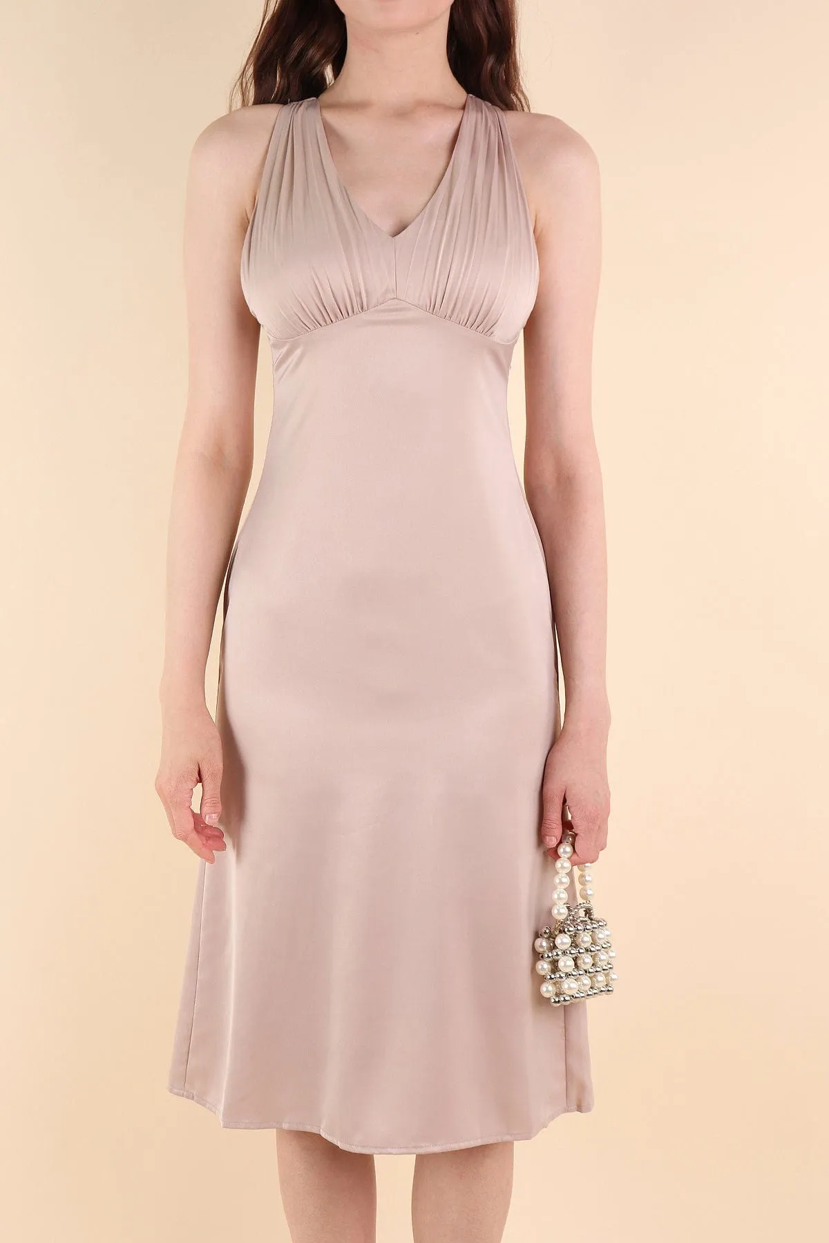 LUXURIE V-NECK MIDI DRESS IN CHAMPAGNE BEIGE