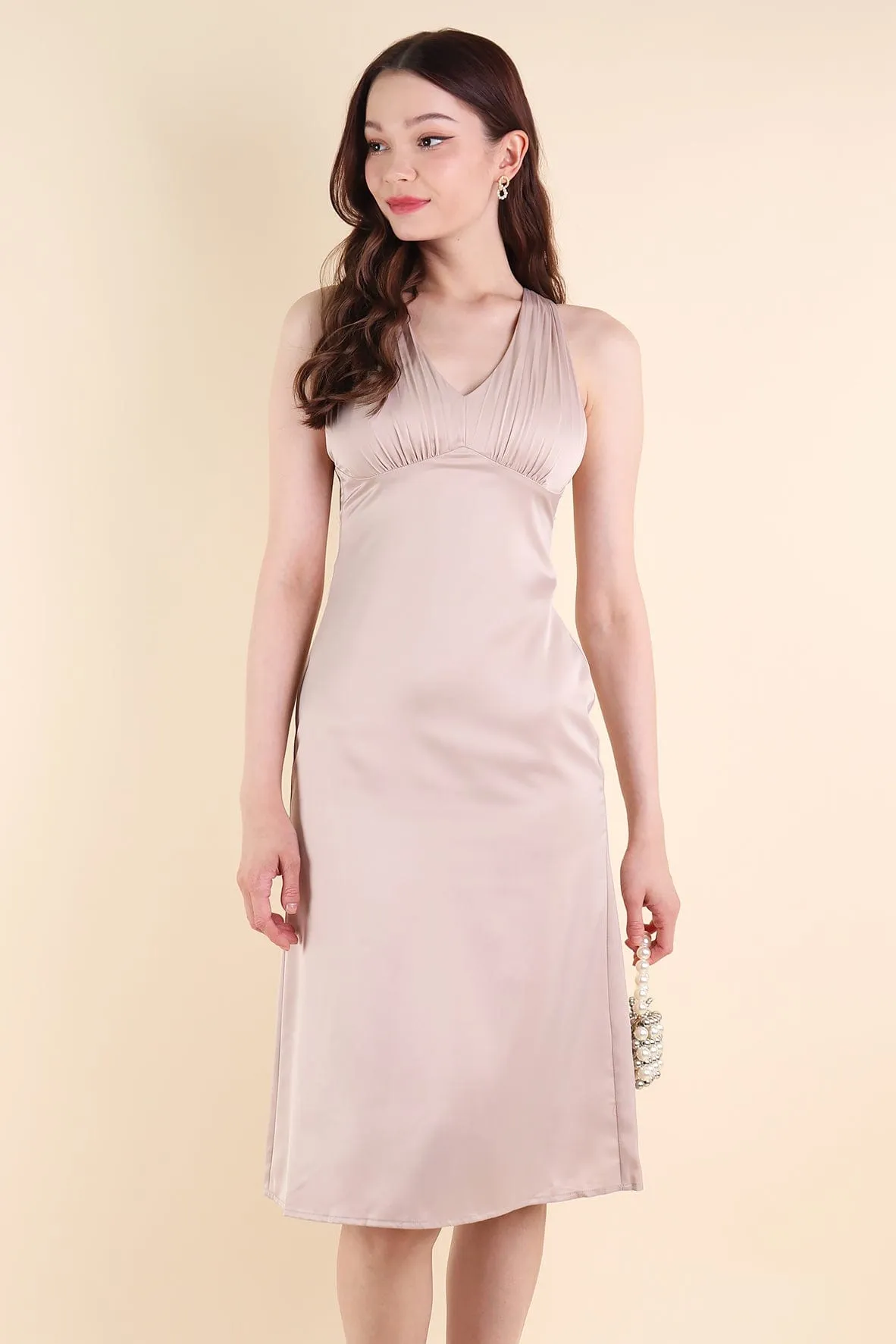 LUXURIE V-NECK MIDI DRESS IN CHAMPAGNE BEIGE