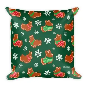 "Gingerbread Corgis" 18x18 Green Square Pillow | Holiday Collection